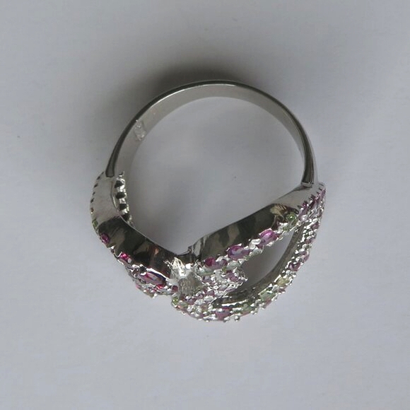 Double Heart Rhodolite Garnet Peridot Gemstone 925 Sterling Silver Ring Size 9 - Picture 12 of 15